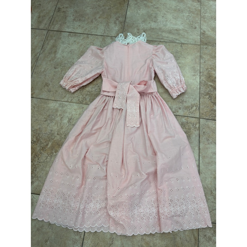 Vintage Pink Eyelet Maxi Dress Girls Lace Collar Puffy Sleeve Prairie Tea Party